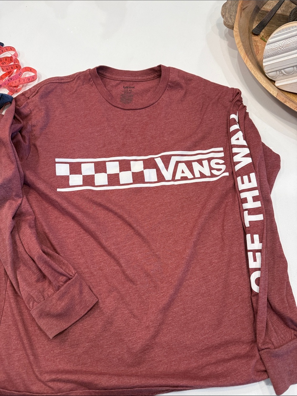 Vans Maroon Long Sleeve Tee with White Checker Logo